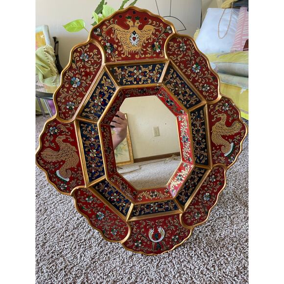 Peruvian Wall Mirror Octagonal Wood Frame Reverse Glass Painting birds flowers - Picture 11 of 16